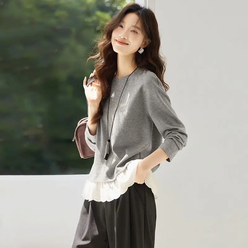 Women Lace Sweatshirt Long Sleeve Loose Casual Korean Aesthetic Layered Look Spring Autumn Top