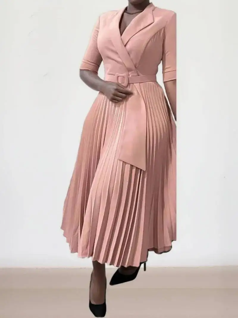 Vestidos elegantes de oficina plisados para mujer, cuello con muescas, media manga, cinturón, cintura media pantorrilla, bata profesional africana de negocios