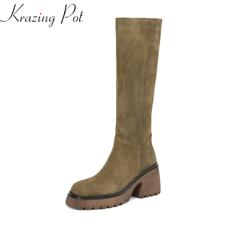 Krazing Pot krowa zamszowe grube szpilki buty zimowe buty jeździeckie Street Modern Fashion Classics czarne kolorowe buty zakolanówki