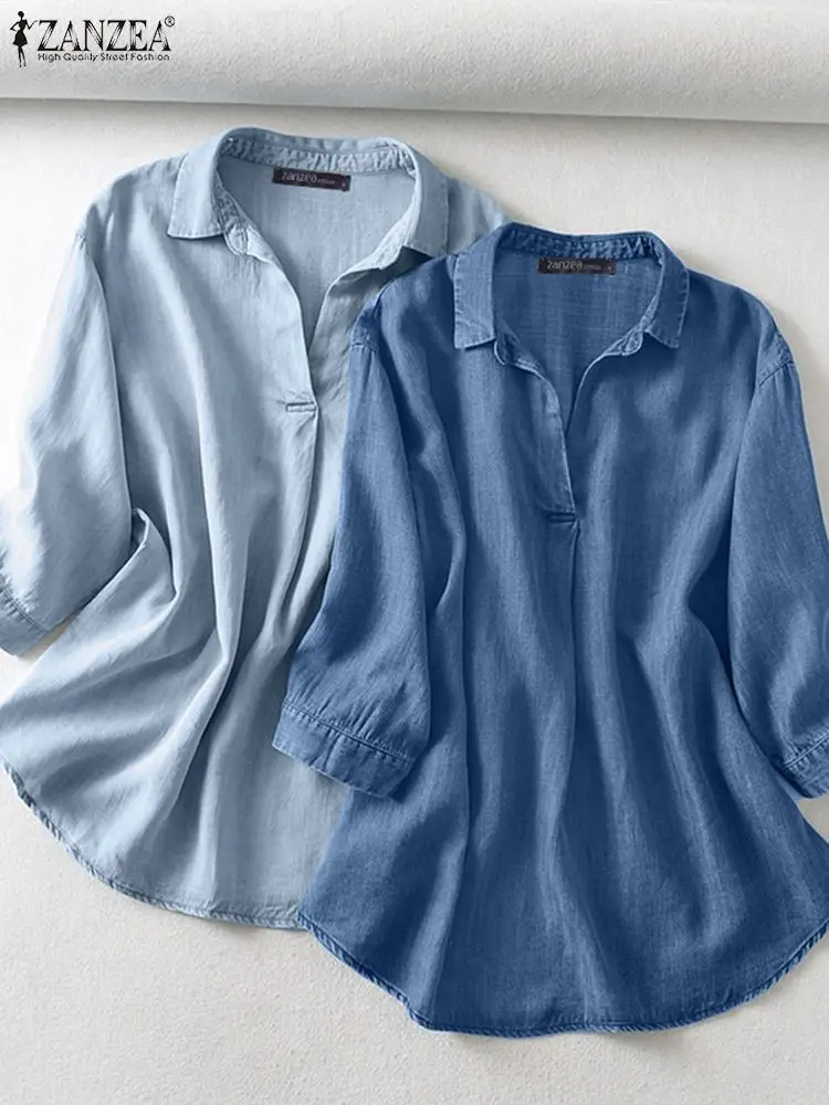 ZANZEA Women Summer V Neck 3/4 Sleeve Blouse Denim Blue Shirt Elegant Solid OL Work Tops Casual Loose Office Blusas Oversize