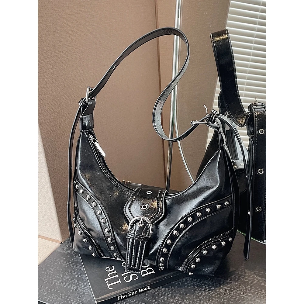 

Модная сумка-пельмень из искусственной кожи в ретро-стиле с заклепками, для ежедневных поездок, на плечо, через плечо, подмышечная, трендовая