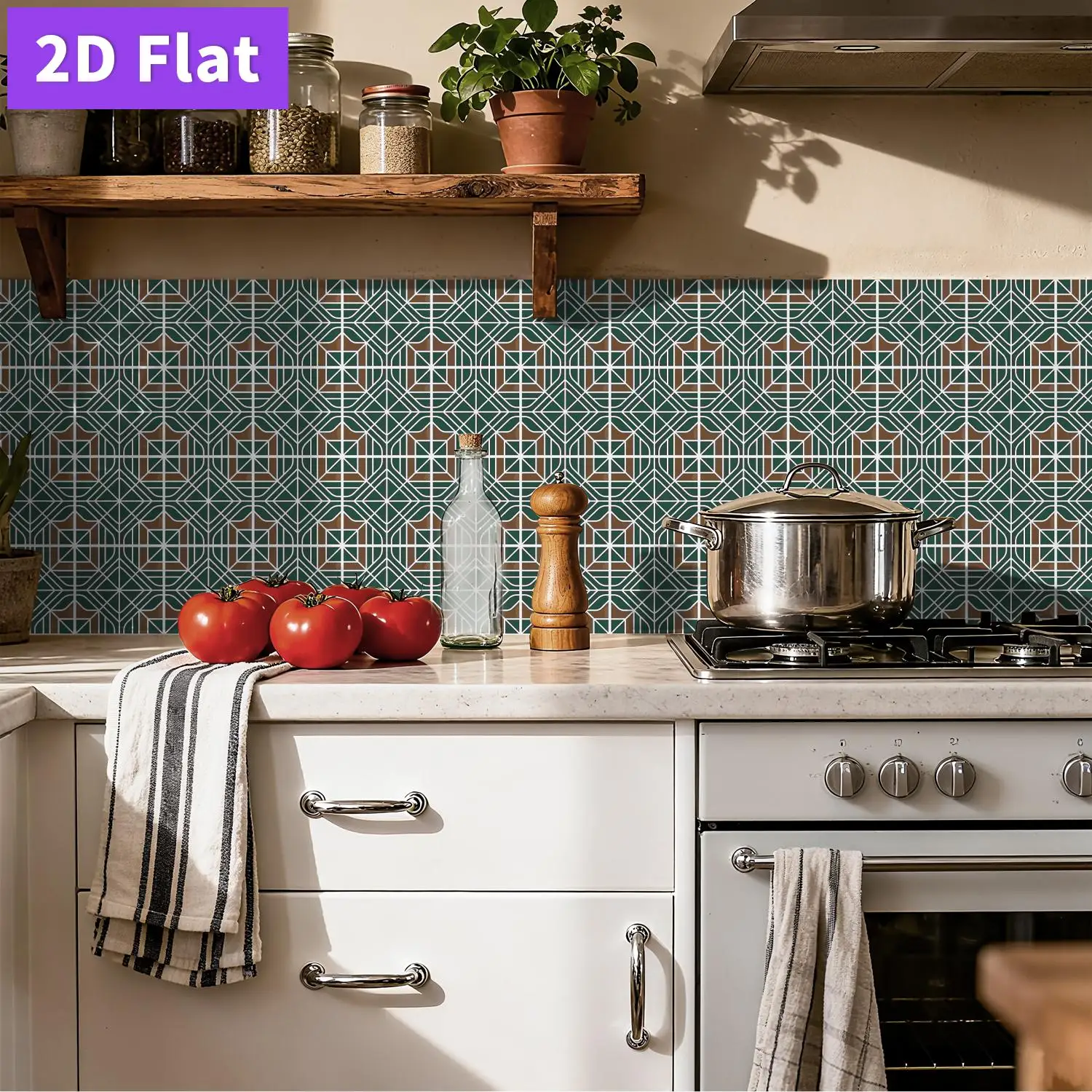 2D tile decals, self-adhesive PVC wall decals, easy to remove, ideal for kitchen backsplashes, bathrooms, and home wall decor.