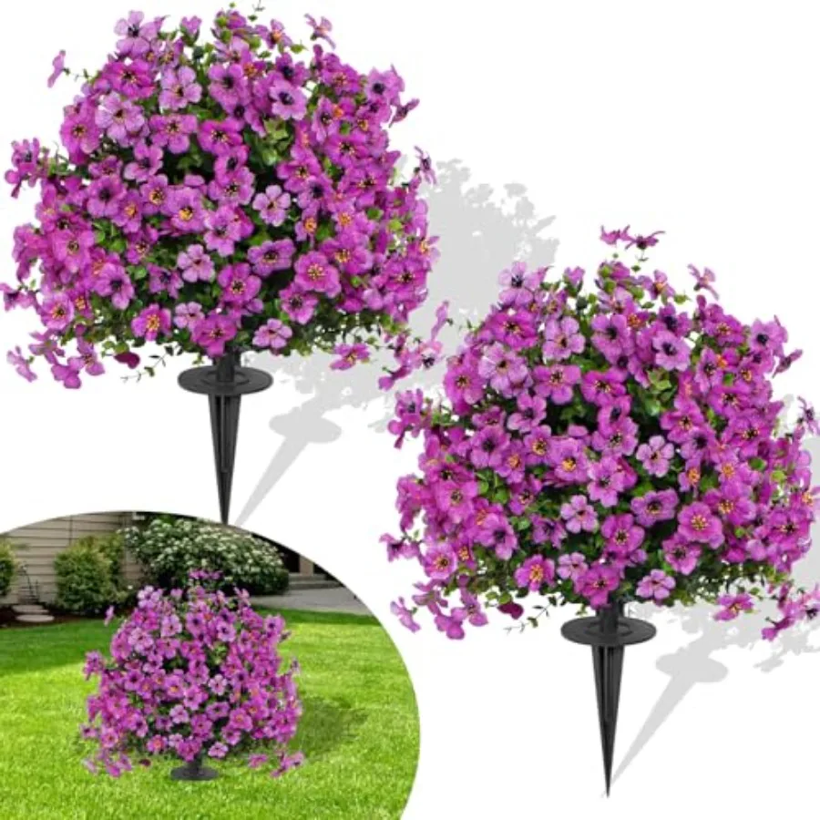 

23" Set of 2 Artificial Boxwood Topiary Ball with Violet Flowers with Spikes for Outdoor, UV Resistant Faux Greenery Shrubs, Re