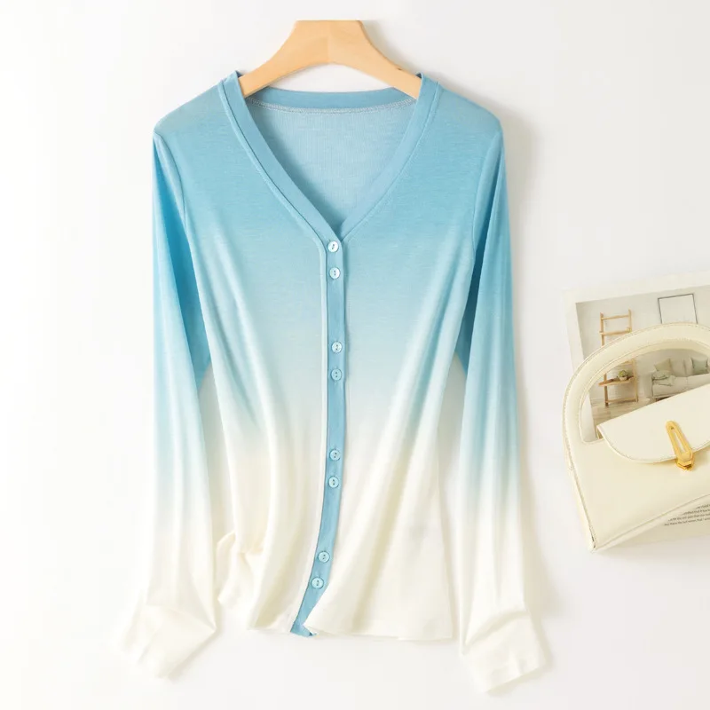 

Women's Cute Gradient Color Sweater Cardigan Lightweight V-neck Knit Sweaters