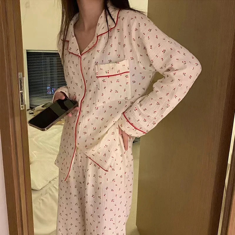 Women's Pajamas Autumn Spring Long Sleeve Soft Sleepwear Set Cherry Floral Cartoon Pyjama Woman Home Nightwear Set Cardigan ﻿