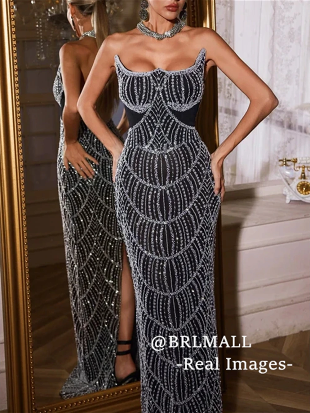 Robe longue fendue à paillettes sans bretelles, robes formelles noires pour femmes, robe de bal longue fourreau avec cristaux argentés, robe de Costume de Cocktail