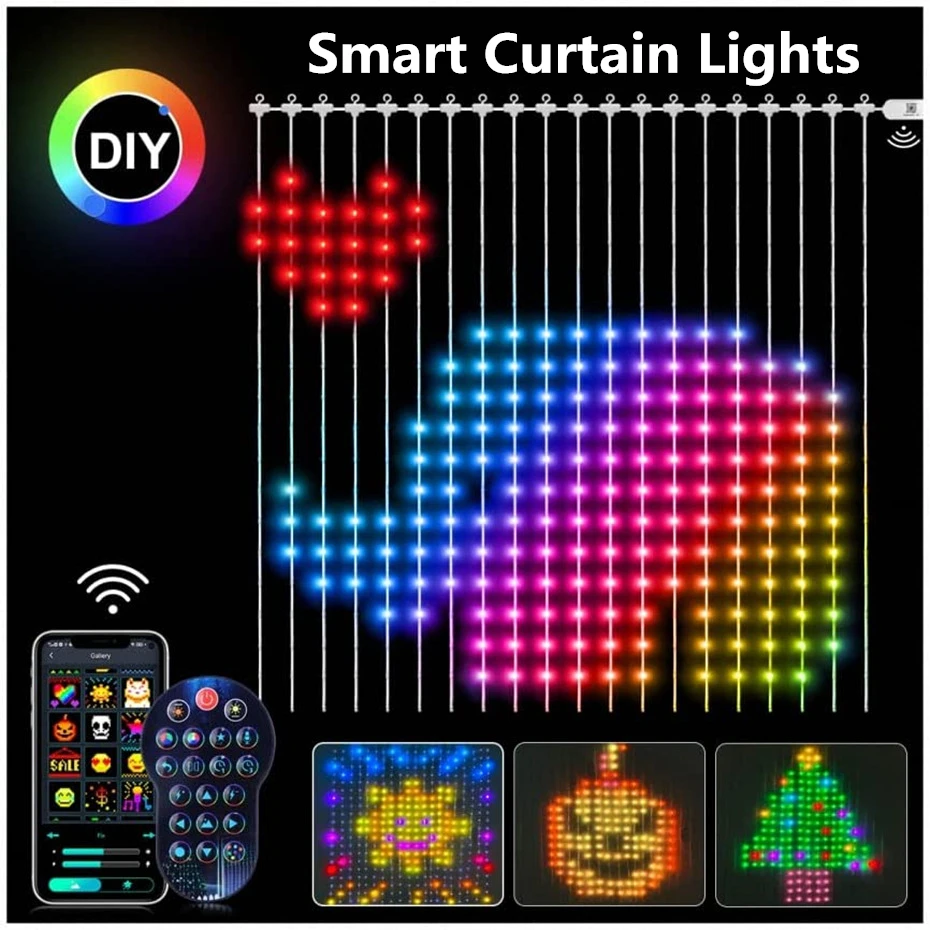 Programmable Colorful Smart LED Window Hanging Curtain String Lights Bluetooth APP Control for Mall Bedroom Wedding Christmas