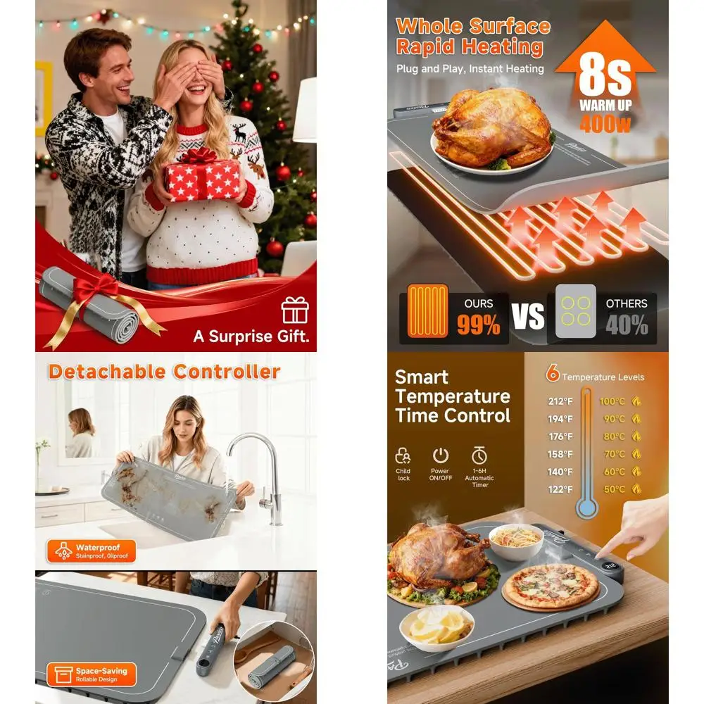 

Очень большой электрический коврик для подогрева еды 36x16, 6-уровневый контроль температуры, 6-часовой таймер для шведских вечеринок