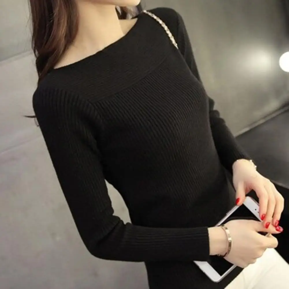 Atasan rajut untuk wanita, atasan rajut kerah Bateau elegan lengan panjang Slim Fit Pullover warna Solid elastis untuk dipakai