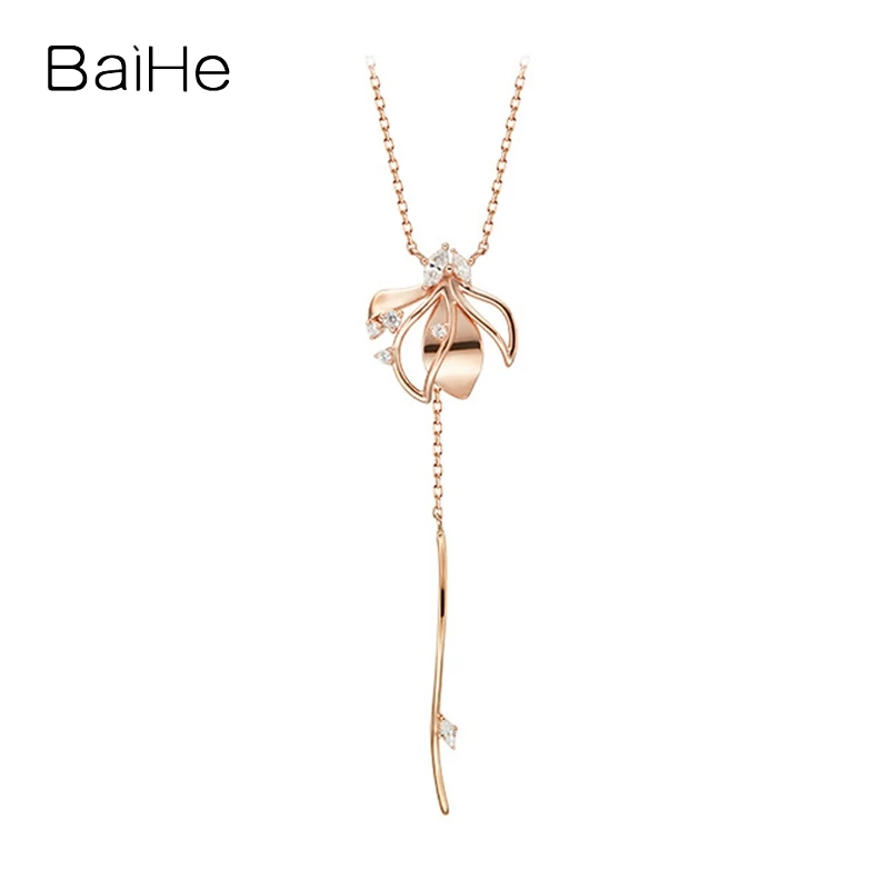 

Baihe Real Solid 14K Rose Gold H/SI Natural Diamond Flower Necklace Women Girl Trendy Engagement Fine Jewelry Making Collier