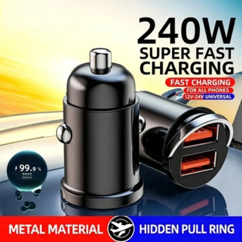 240W Ultra Fast Dual USB Car Charger Mini Hidden All Protocol Zinc Alloy Car Charging Adapter For iOS Android Smartphones