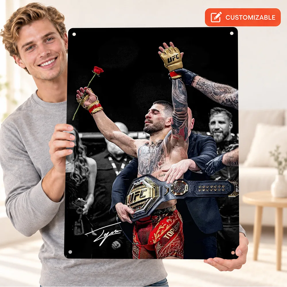 Ilia Topuria Championship Belts Printed Poster Personalized Aluminum Metal Sign Gold Plates Black Straps Wall Art For Home Gym