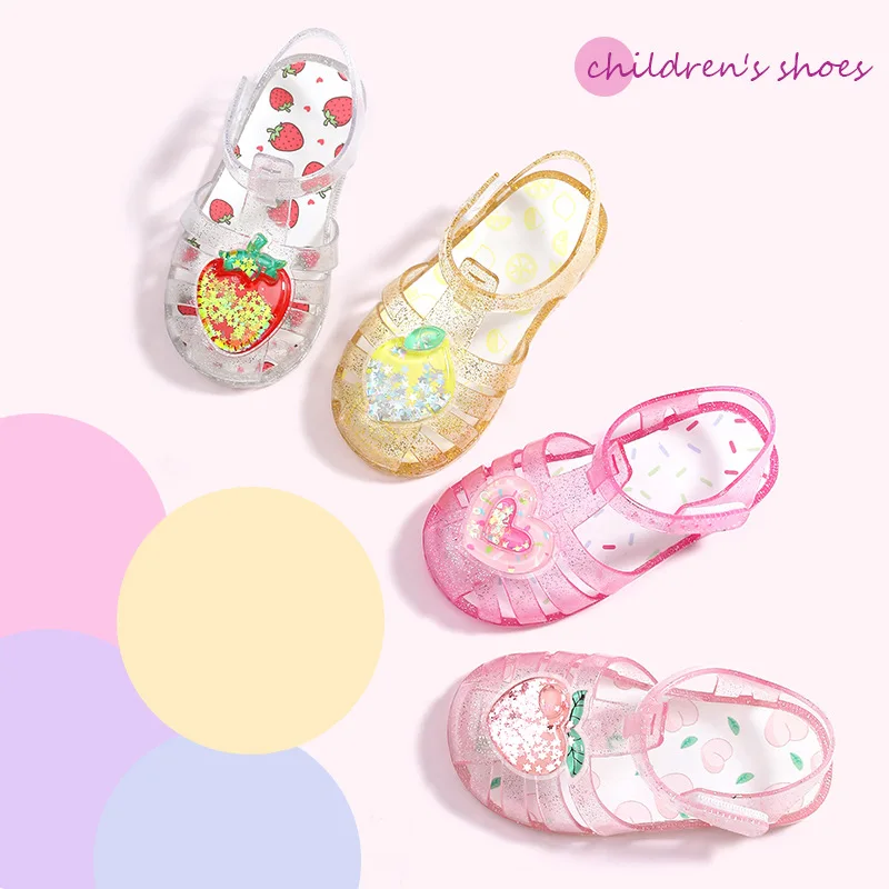 2026 Summer Kids' Sandals Crystal Jelly Shoes PVC Love Baby Fashion Flat For Girls Breathable Anti-slip Pink White Size 23-34