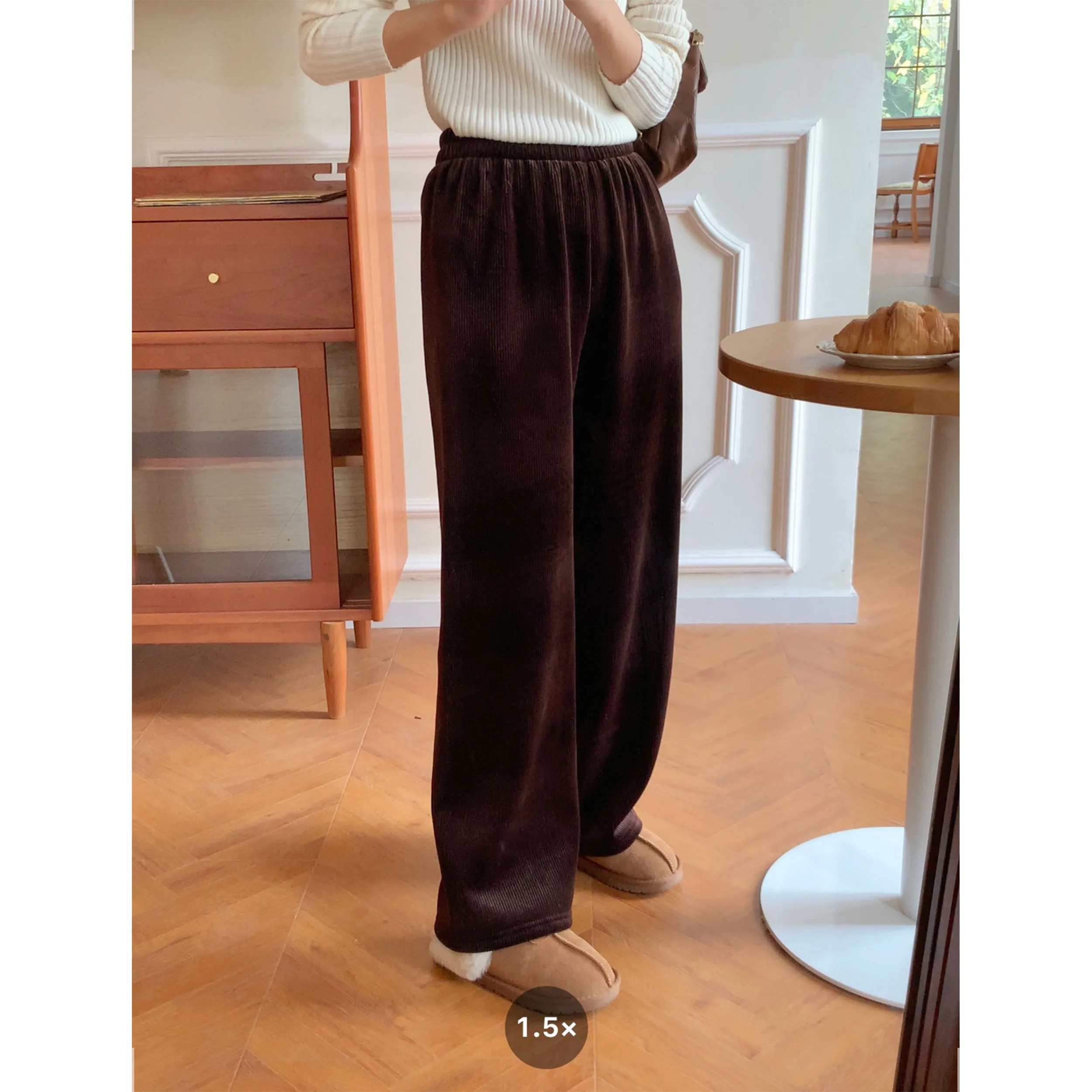 

Brown Fce Lined High Waist Casual Pants Women's Pure Color Slimming Versatile Hong Kong Sle Autumn Winter Long Pants