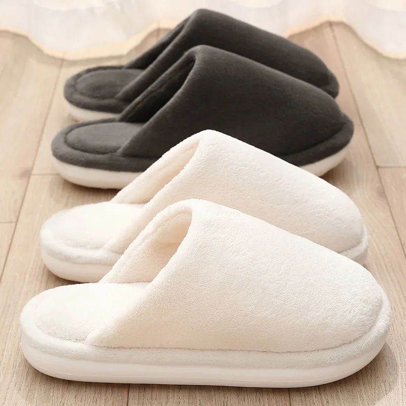 

Women Men Warm Slippers Concise Home Casual Furry Shoes Floor Soft Plush Slides Solid Color Non-Slip Winter Couple Bedroom Flats