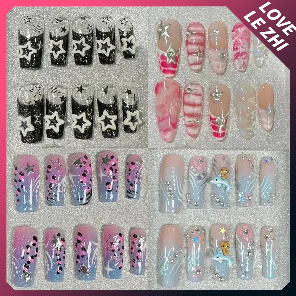 Sanrios Handmade Press On Nails Pink Purple Kuromi Decorates The Nails Artistic Simply Bow Tie Stars Full Cover Finger Tips