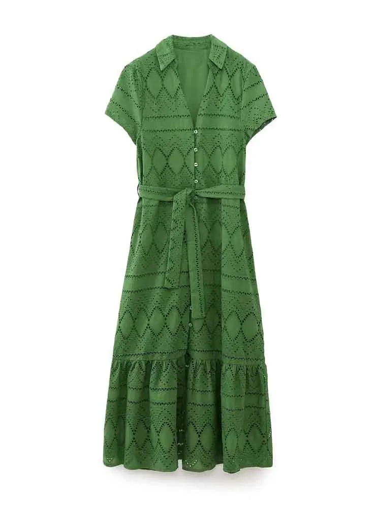 

European style women's clothing new fashion versatile temperament hollow embroidery shirt-style short-sleeved dress