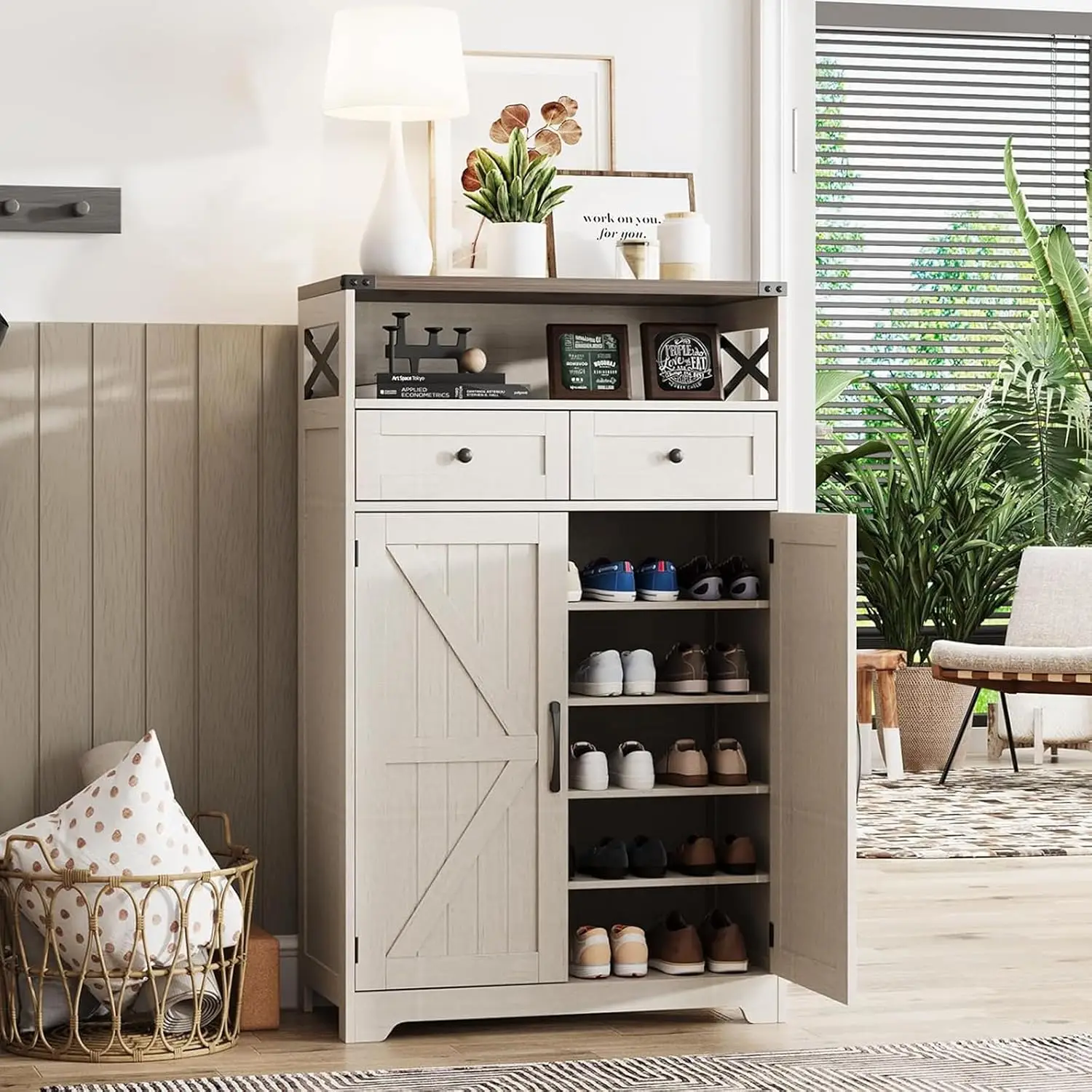 Shoe Cabinet with Doors, 6-Tier Farmhouse Shoe Storage Cabinet with 2 Drawers & Adjustable Shelves, Shoe Cabinet, Customized