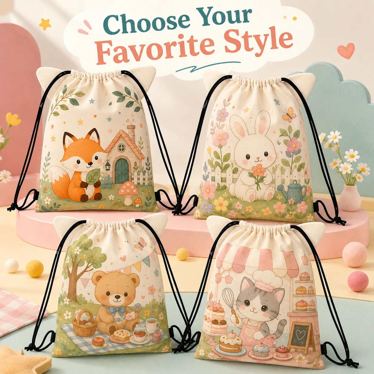 Custom Animal Ear Drawstring Backpack Personalized Name Photo Bag Lightweight Kids Storage Bag Easter Travel Party Gift