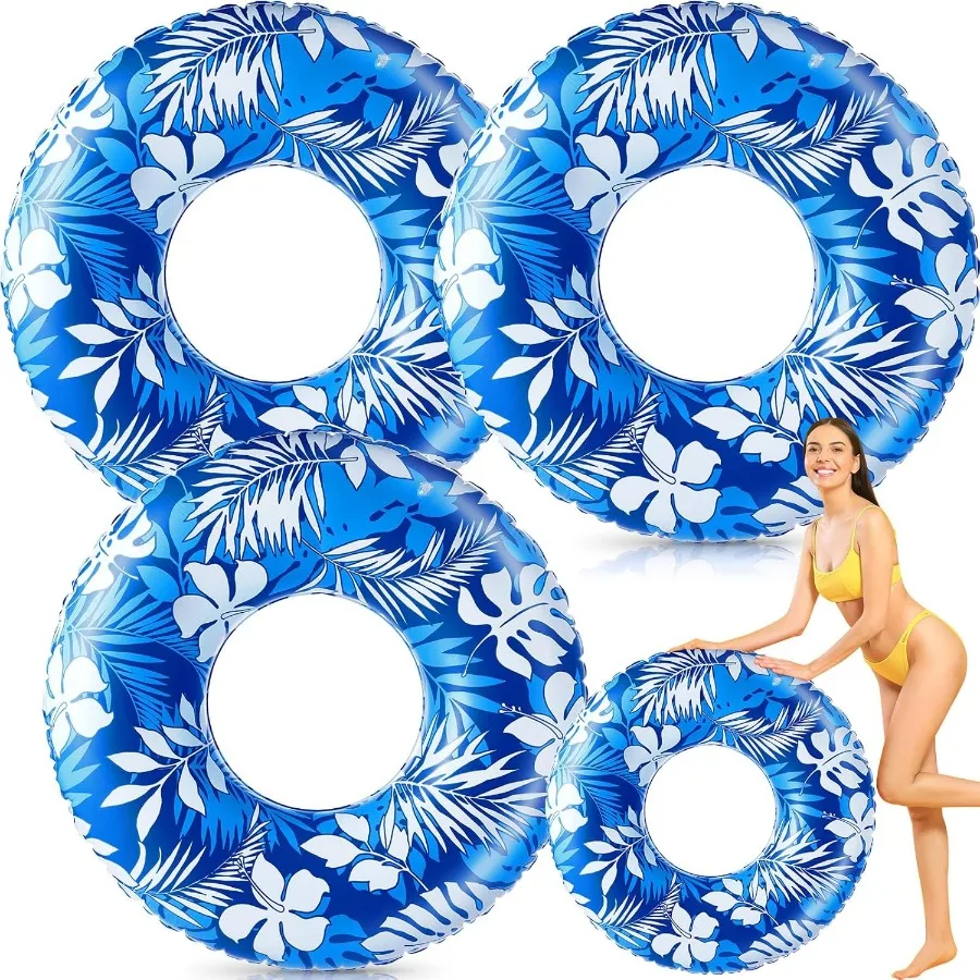 

Jumbo Float Tube 47.24 Inches Inflatable Pool Floats Large Pool Tube Tropical Leaves Inflatable Tube Blue White Pool Rings Beac