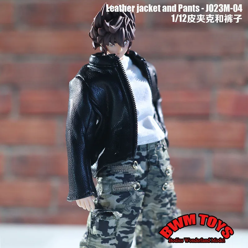 JO23M-04 1/12 Scale Fashion Men's Leather Jacket Camouflage Pants Set Clothes Model for 6'' Male Solider Action Figure Body Doll