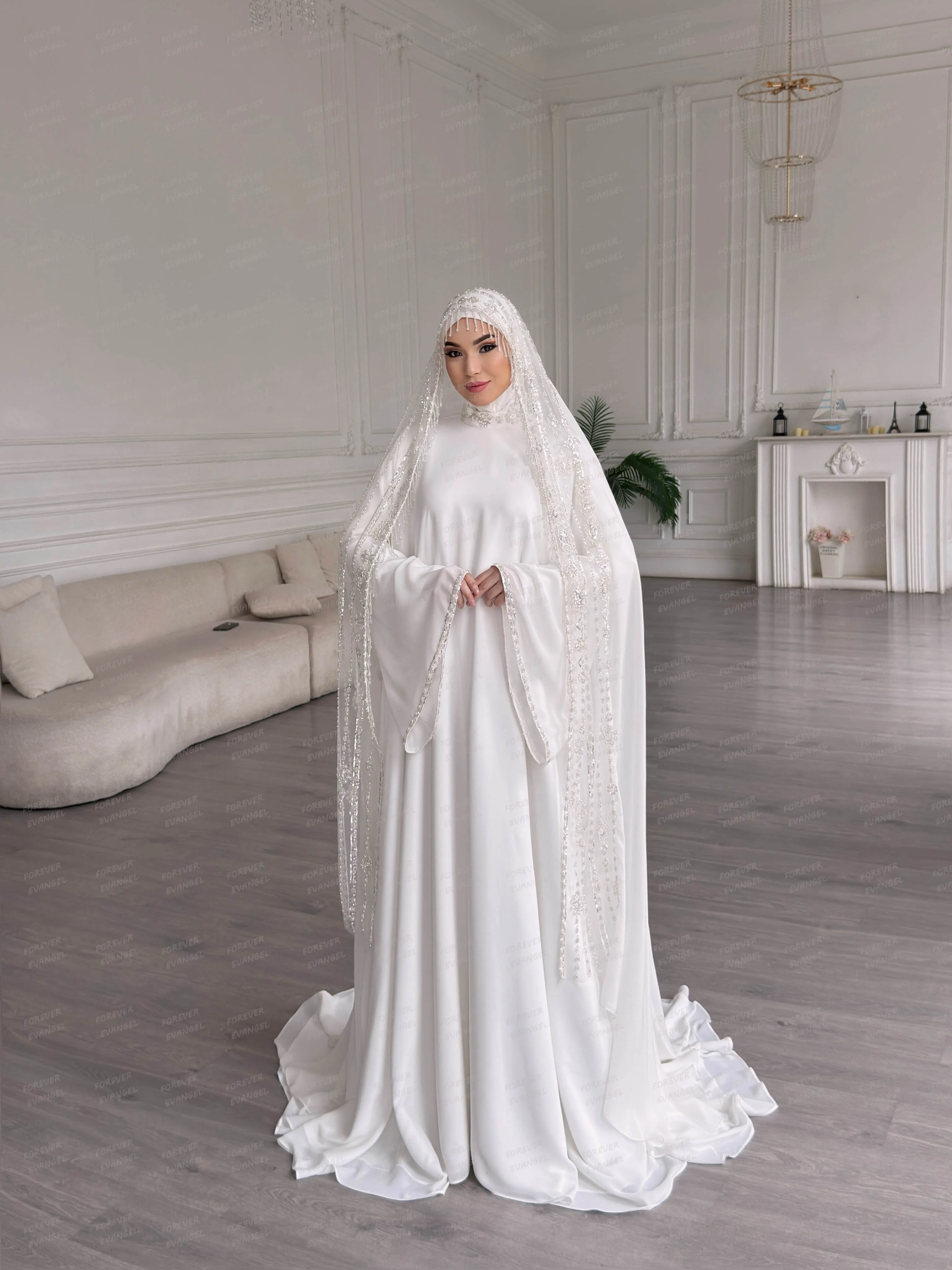 Schlichte, glänzende Brautkleider in A-Linie mit Pailletten, formelle Langarm-Brautkleider für Damen, maßgeschneiderte arabische Vestidos De Novia für muslimische Partys