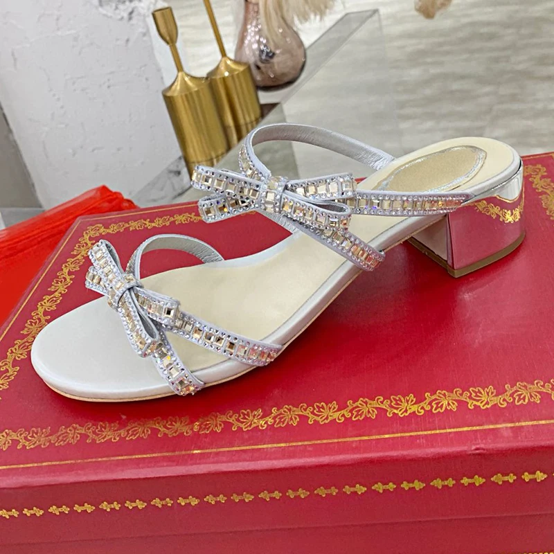 Туфли феи с открытым носком, разноцветные тапочки на квадратном каблуке, женские сандалии с декором из стразов и узлом-бабочкой, летние модельные туфли, туфли-лодочки