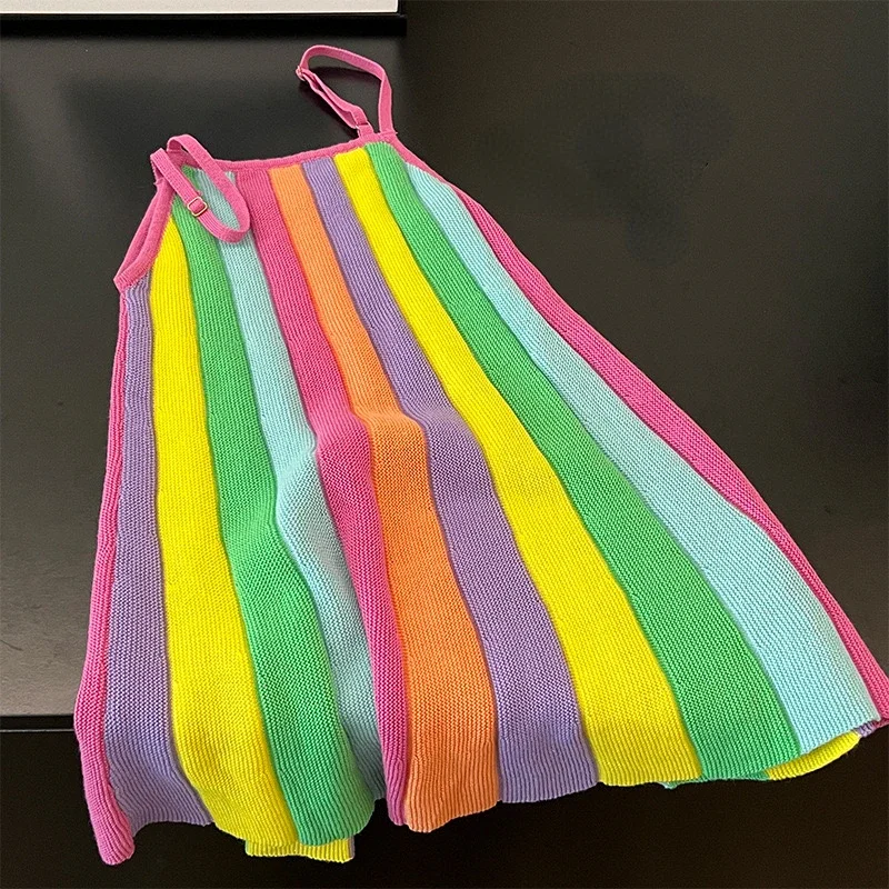 New Korea Summer Kids Clothes for Baby Girls Cute Rabbit T-shirt + Rainbow Knitted Dress 2-piece Set Kawaii Skirt Sets Boutique