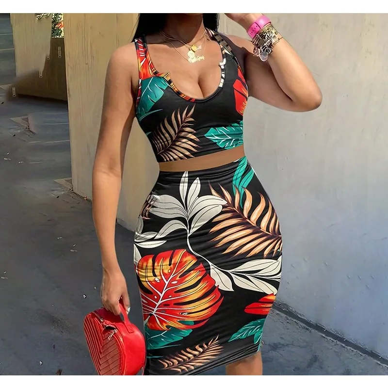 

Print Slim Skirt 2 Piece Set Women Summer 2026 New Sexy Low Cut Sleeveless Cropped Top Package Hip Midi Suit Vacation Style