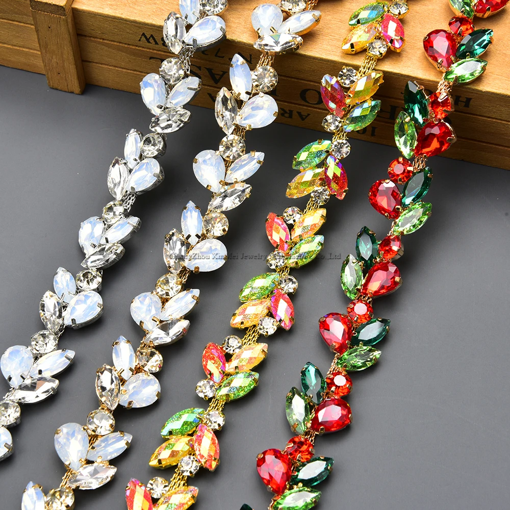 2cm Wide Leaf Rhinestone Chain Glitter Opal Horse Eye Glass Diamond Trim Crystal Ribbon Sew on Bride Sash Clothing Accessories