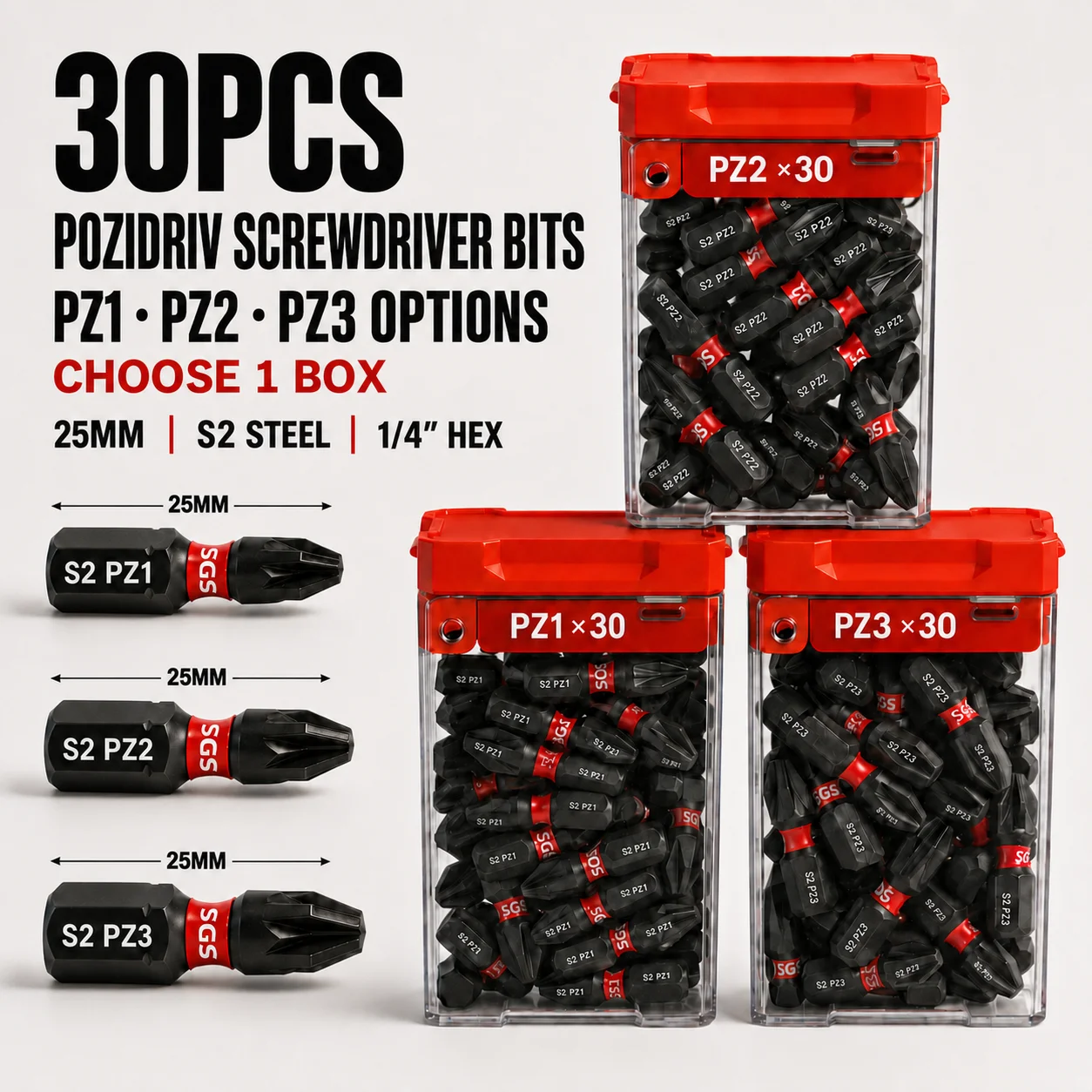 30PCS Pozidriv Screwdriver Bits PZ1 PZ2 PZ3 Options, 25mm S2 Steel Impact Driver Bits, 1/4