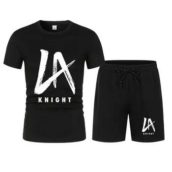 Men's Black LA Knight YEAH! T-Shirt Shorts Set Summer Short Sleeve Men Overiszed Suits 2024 New Causal Clothing Sets