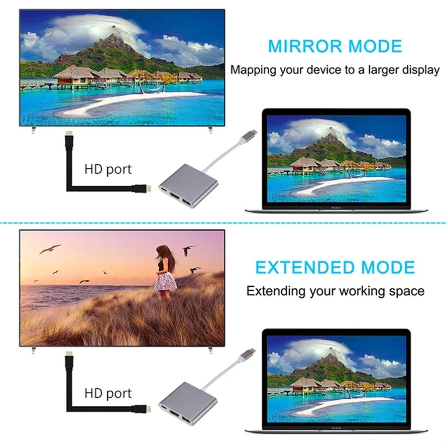 4K 1080P نوع C إلى HDMI-متوافق/ USB 3.0/ Type-C 3 في 1 محول كابل Thunderbolt 3 التبديل إلى كابل محول متوافق مع HDMI