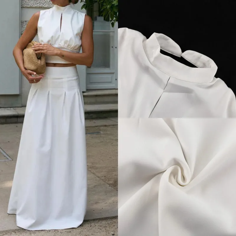 

2025 женская мода, летний свободный белый комплект из 2 предметов, майка без рукавов, длинная юбка с высокой талией, уличная одежда, повседневный шикарный наряд