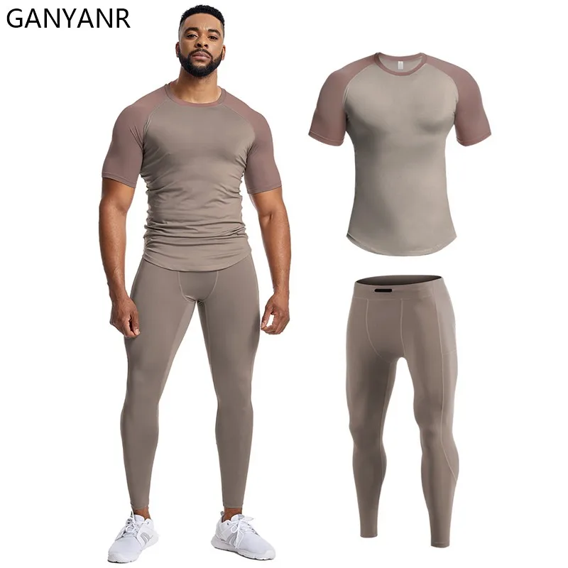 GANYANR Running Suit Men Sports set Clothing T-shirt Sweatshirt gym Football basketball Soccer Sweatpants fitness Tracksuit yoga