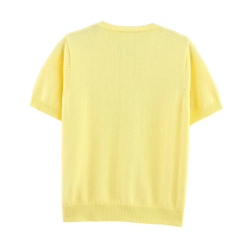 YENKYE 2025 Women Faux Pearl Bow Knit Cardigan Short Sleeve Round Neck Elegant Casual Yellow Top