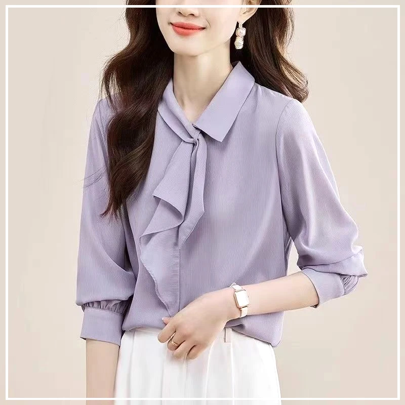 

Spring and Autumn Light Mature Commuting Simple and Fashionable Ribbon Collar Loose and Versatile Solid Color Long Sleeved Shirt