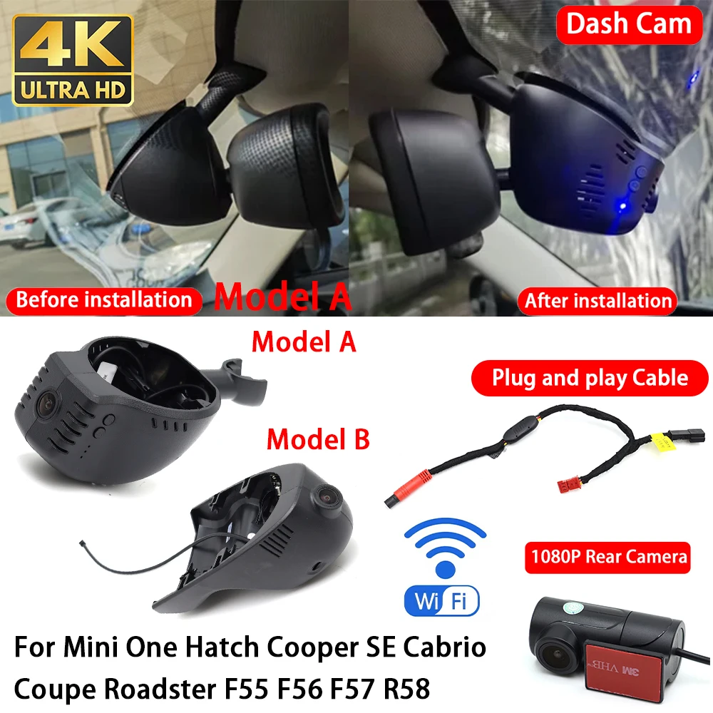 for Mini One Hatch Cooper SE Cabrio Coupe Roadster F55 F56 F57 R58 4K Dash Cam Front Rear Car Camera DVR Wifi Plug & Play