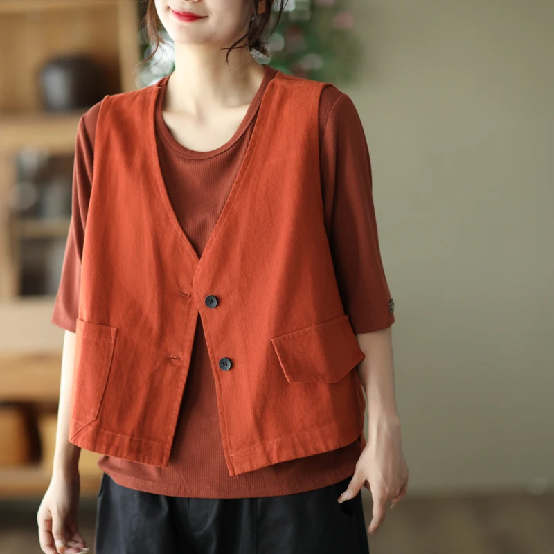 

Retro Cotton Vest Women's Loose ort Svel Outerwear Autumn 2024 V-ne Single-button Closure Color Faion Top