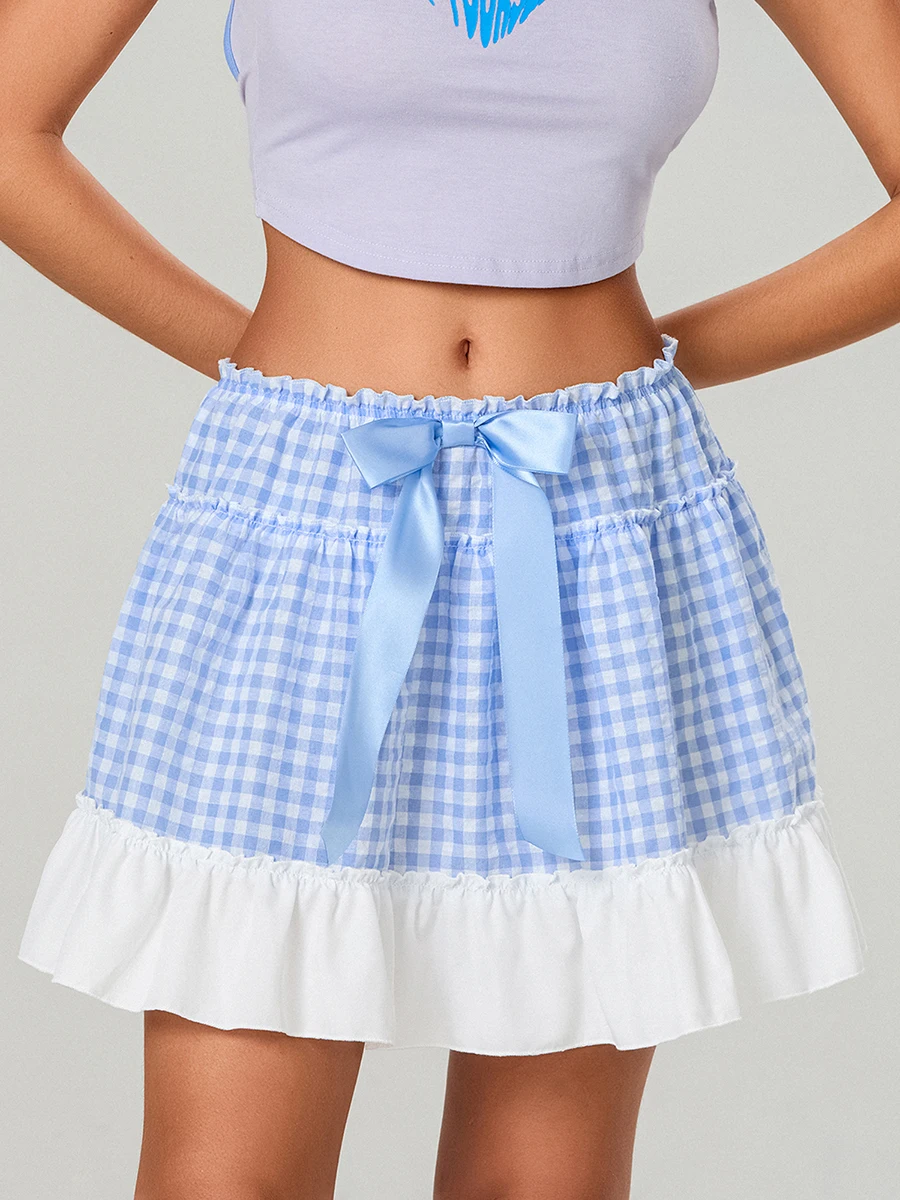 Women Summer Mini Skirts Preeppy Style Plaid Print Ruffled A-Line Skirt for Teen Girls Vacation Streetwear Y2K Aesthetic Clothes