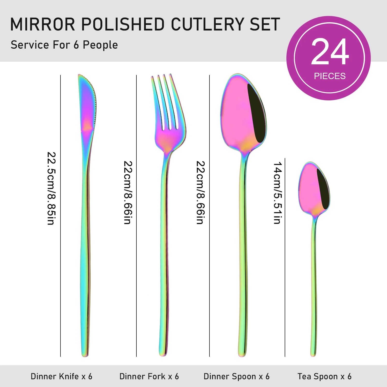 24Pcs/Set Dinnerware Stainless Steel Mirror Rainbow Cutlery Set Kitchen Fork Coffee Spoon Knife Tableware Silverware Set