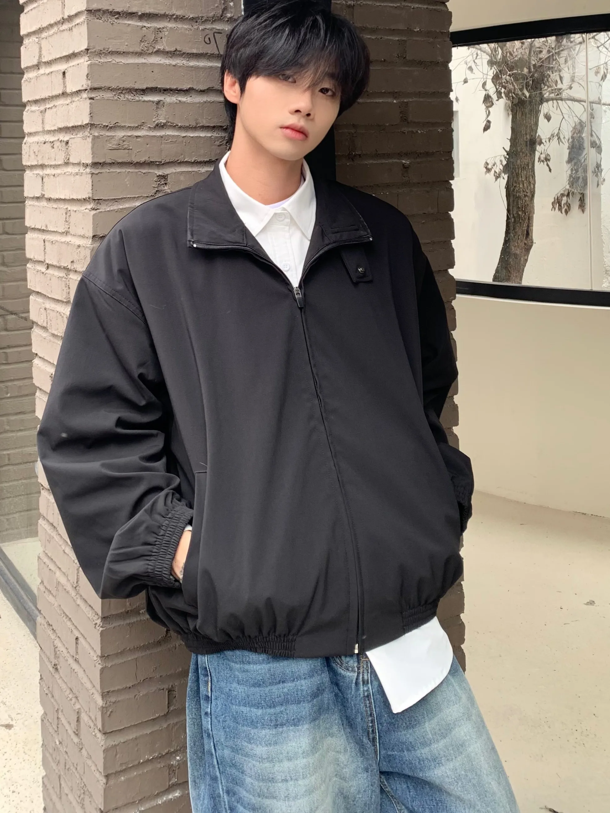 

Simple Pure Color Loose Fit Long Sve Stand Collar Jaet Adstrative Sle Men's Casual Outerwear Polyester Fiber