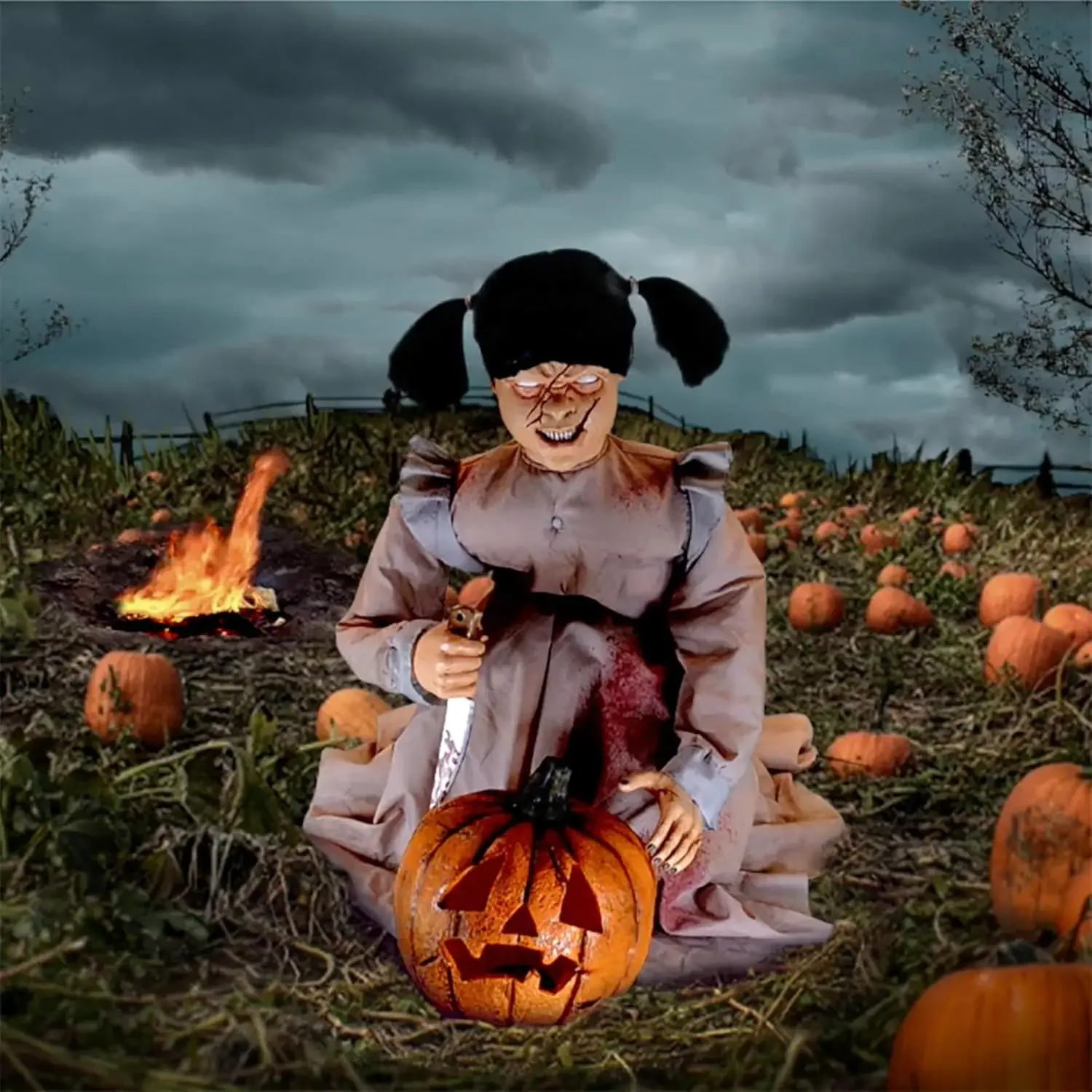 Lunging Pumpkin Carver Zombie Girl by Tekky, Motion-Activated Talking Halloween Animatronic for Indoor or Covered