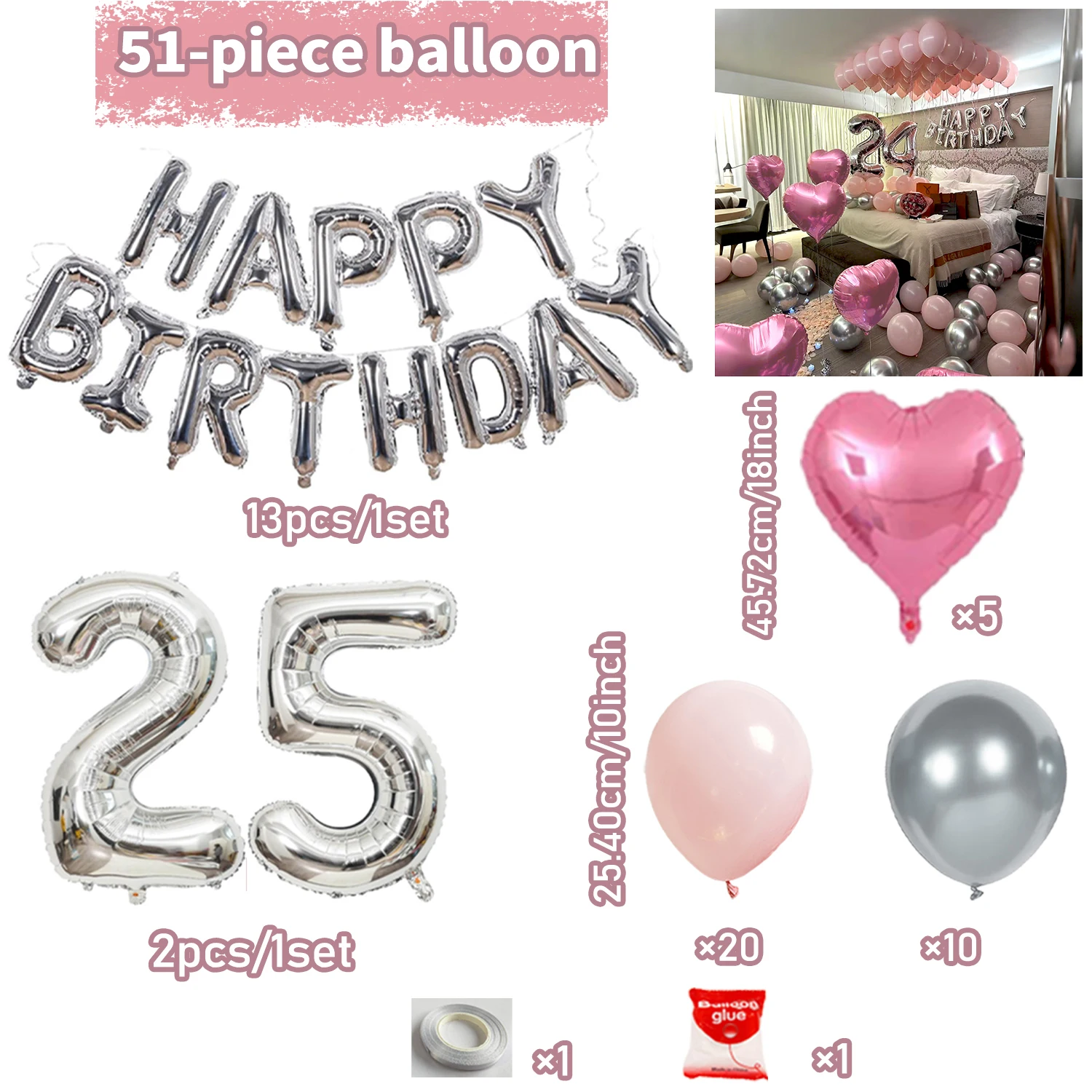 Rosa Silber Dekoratives Ballon-Set Silber Alles Gute zum Geburtstag Buchstabenballon für Damen und Mädchen Geburtstagsparty-Dekoration – Detail 7