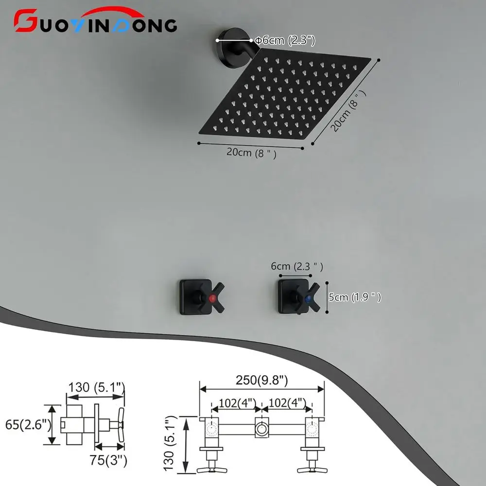 مجموعة صنبور دش بمقبض مزدوج أسود غير لامع مثبت على الحائط مع مقابضين، تركيبات دش كاملة