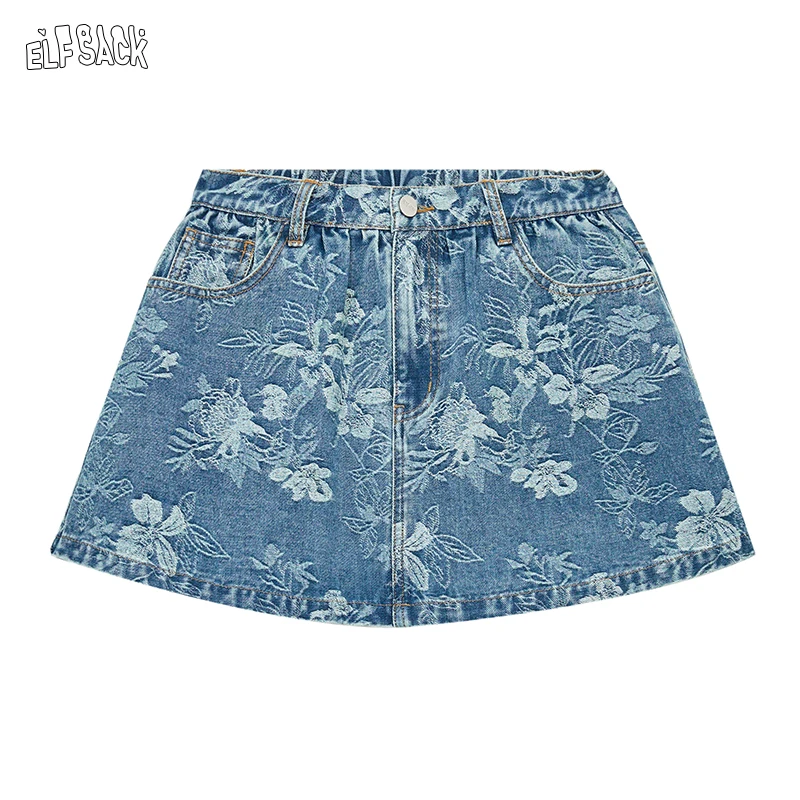 ELFSACK 2025 Spring New Arrivals Flower jacquard denim A-line Chinese style skirt pants for women