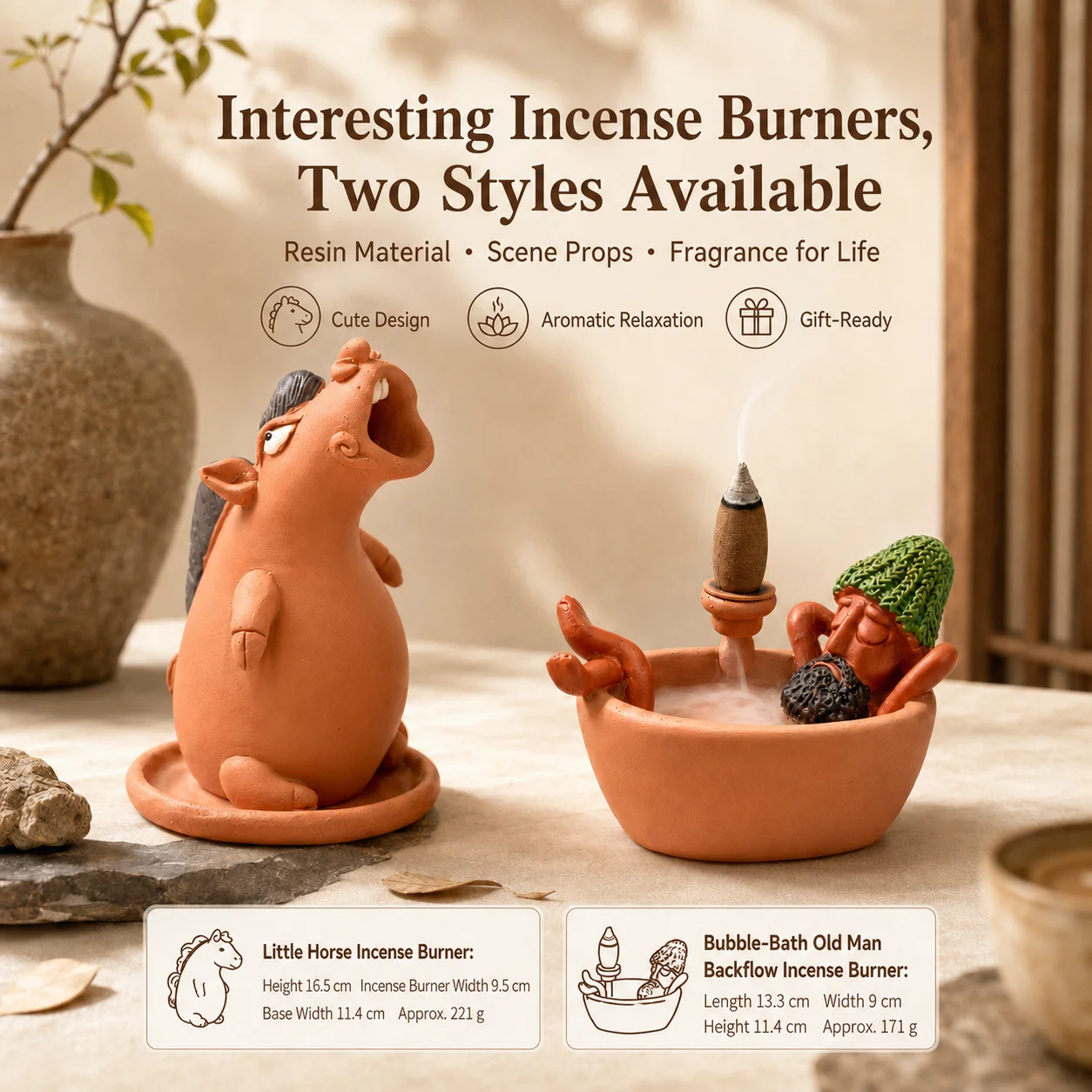 Ugly Cute Creative Resin Backflow Incense Burner Set, Funny Horse & Bathing Old Man Figurine, Aromatherapy Tabletop Decor Office