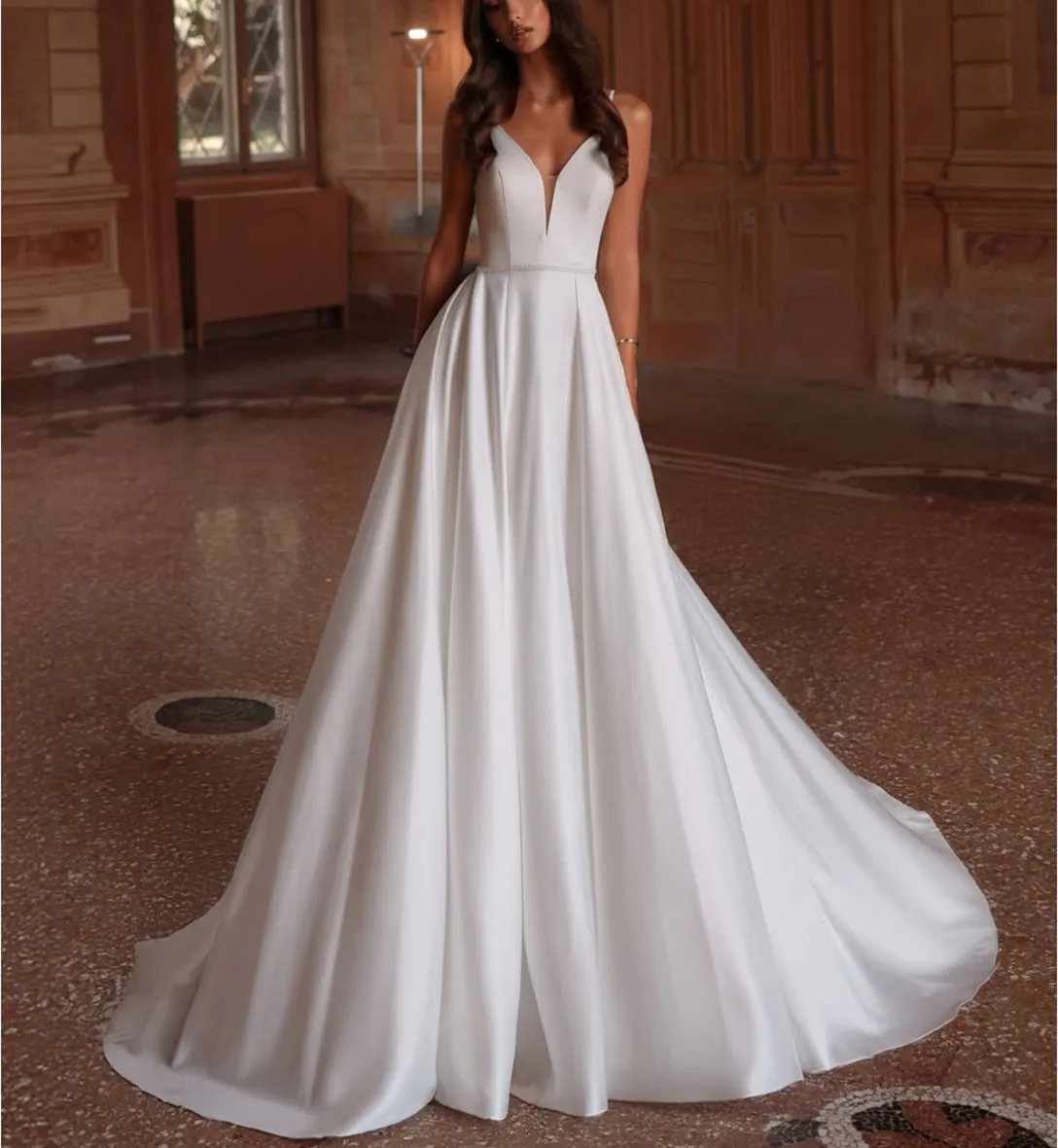 Customized Long Satin V-Neck Wedding Dresses with Pockets A-Line Sweep Train Lace Up Back Bridal Gowns for Women