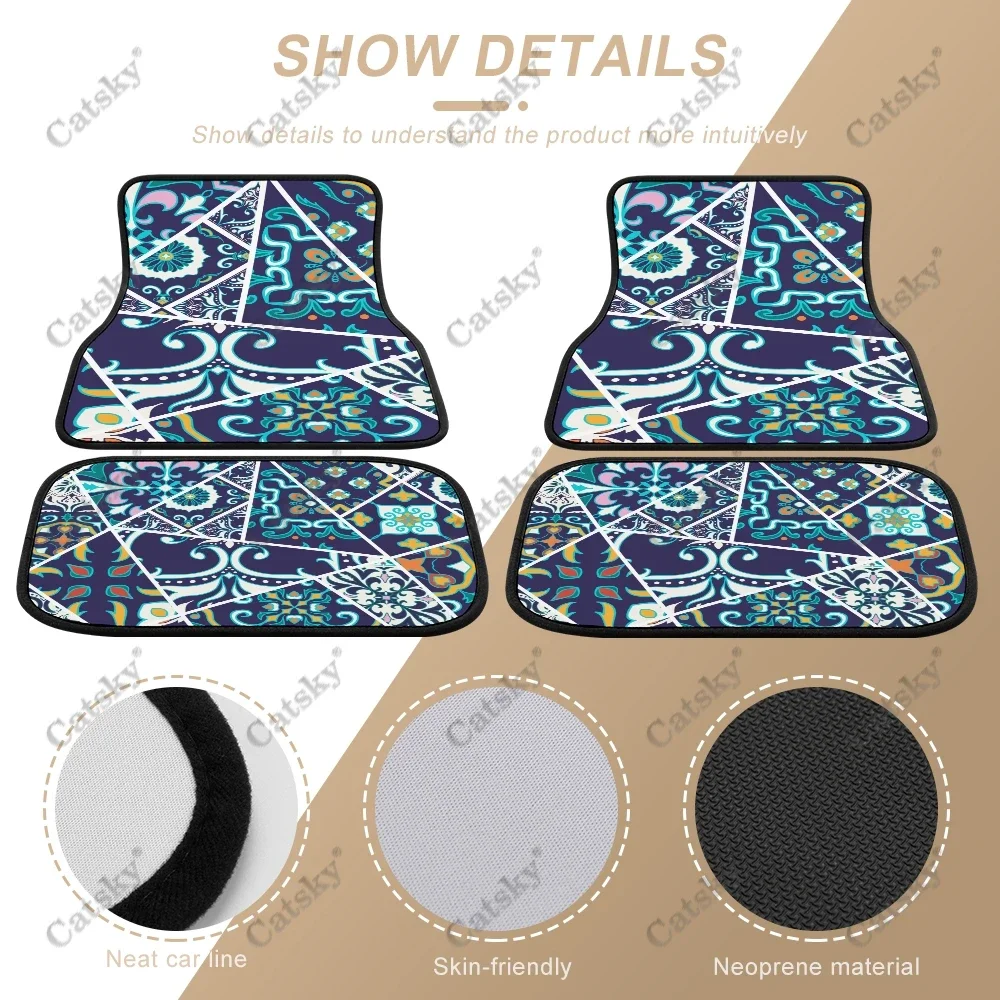 Geometric Mosaic Art Design Car Floor Mat Vintage Carpet Anti-Slip Rubber Mat Pack of 4 Auto Accessiores for Car SUV Van