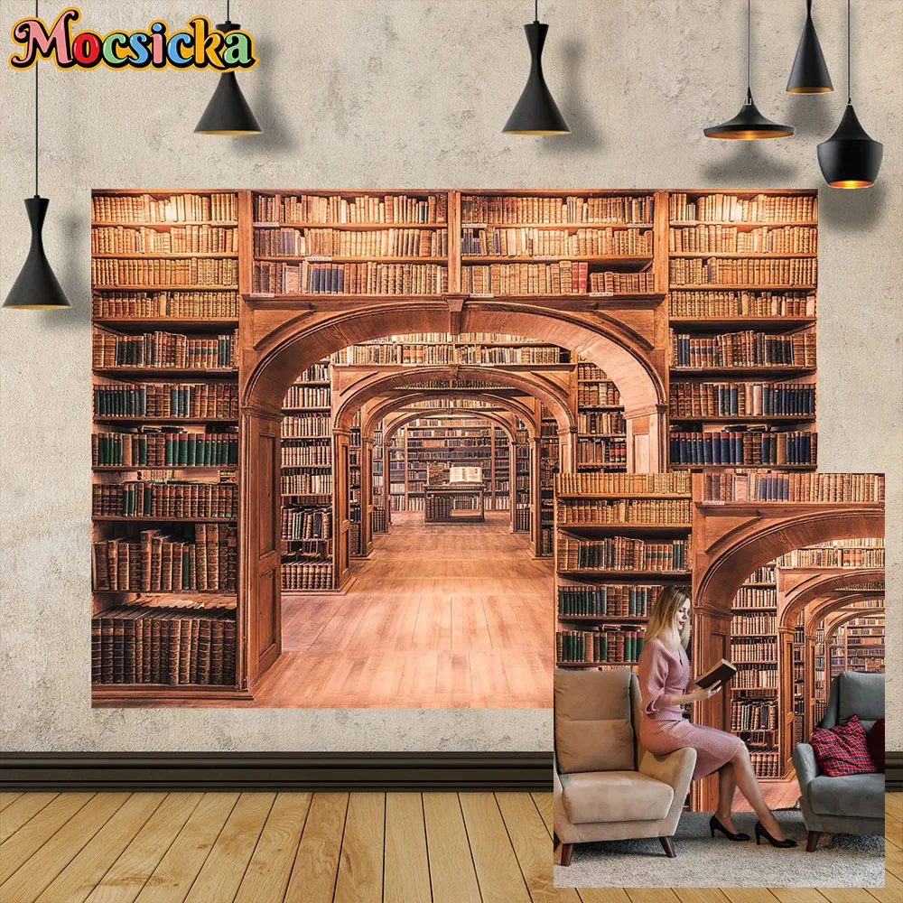 

Mocsicka Vintage Brown Library Studio Decoration Backdrop Bookshelf Hall Book Background Children Birthday Photobooth Prop Wall